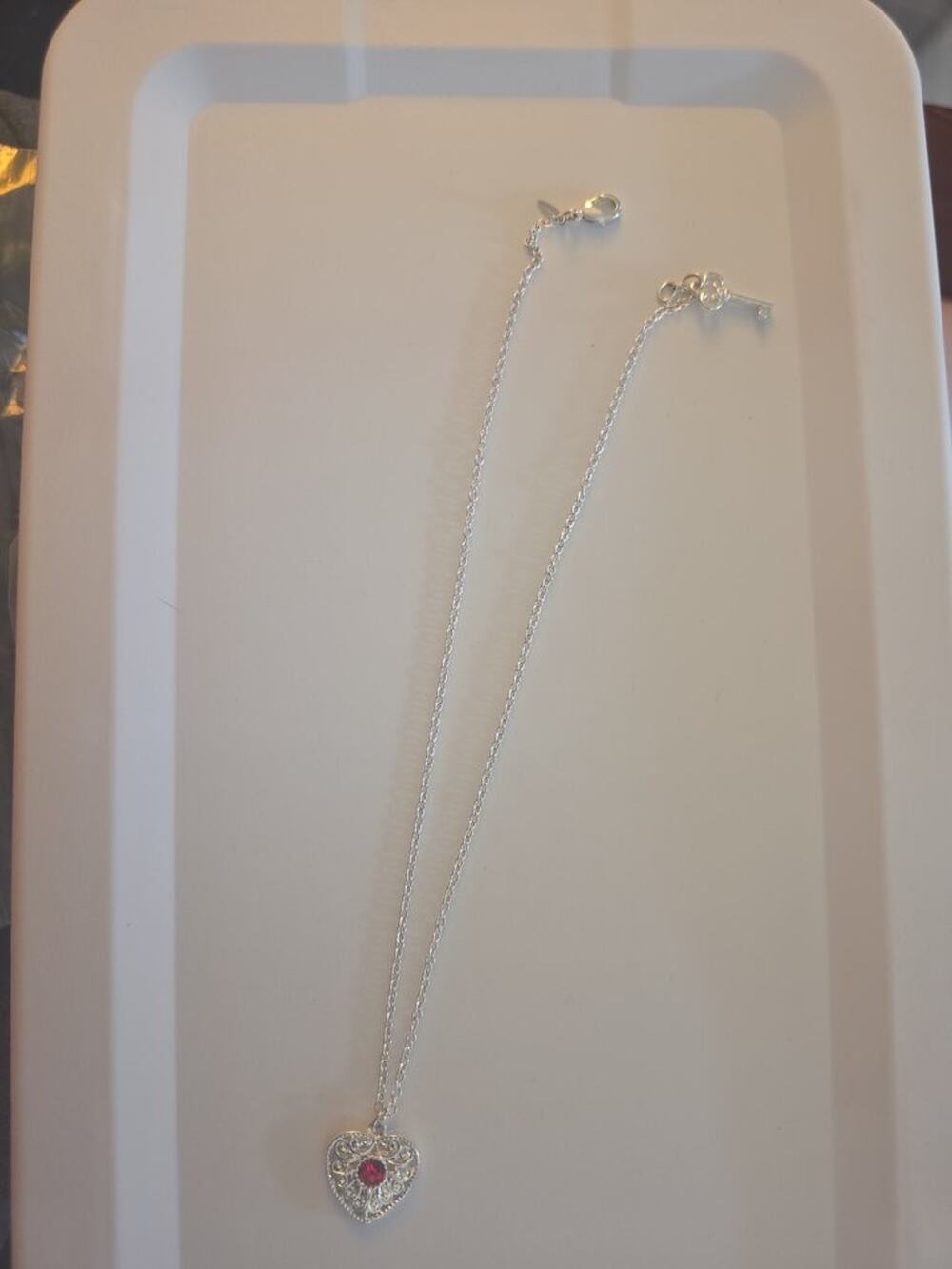 Silver Heart Pendant Necklace with Red Gemstone